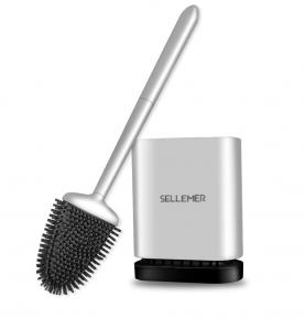 Sellemer Toilet Brush and Holder Set for Bathroom, Flexible Toilet Bowl Brush Head with Silicone Bristles, Compact Size for Storage and Organization, Ventilation Slots Base (Silver)