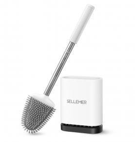 Sellemer Toilet Brush and Holder Set for Bathroom, Flexible Toilet Bowl Brush Head with Silicone Bristles and Stainless Steel Handle, Compact Size for Storage and Organization, Ventilation Slots Base