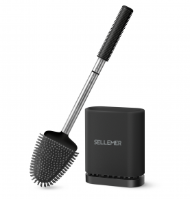 Sellemer Toilet Brush and Holder Set for Bathroom, Flexible Toilet Bowl Brush Head with Silicone Bristles and Stainless Steel Handle, Compact Size for Storage and Organization, Ventilation Slots Base